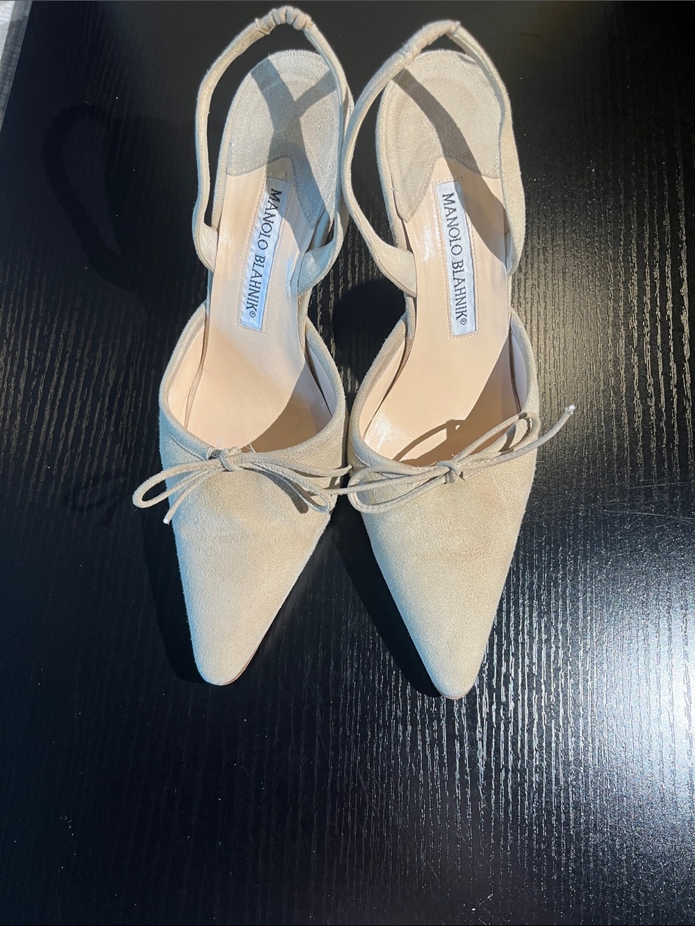Manolo Blahnik Cream Suede Pointed Slingback Pumps with Bow